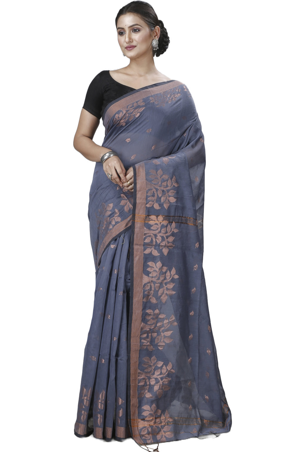 Grey Blended Cotton Tina Hand Loom Saree (1214)