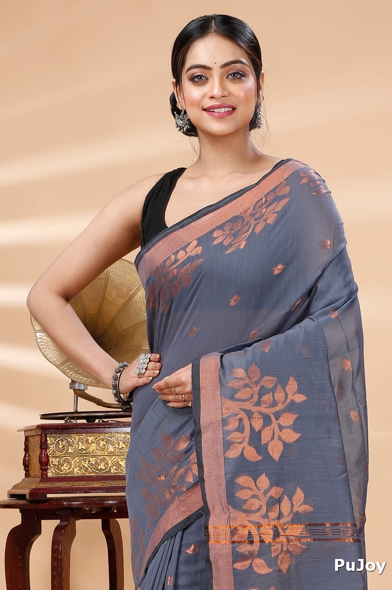 Grey Blended Cotton Tina Hand Loom Saree (1214)