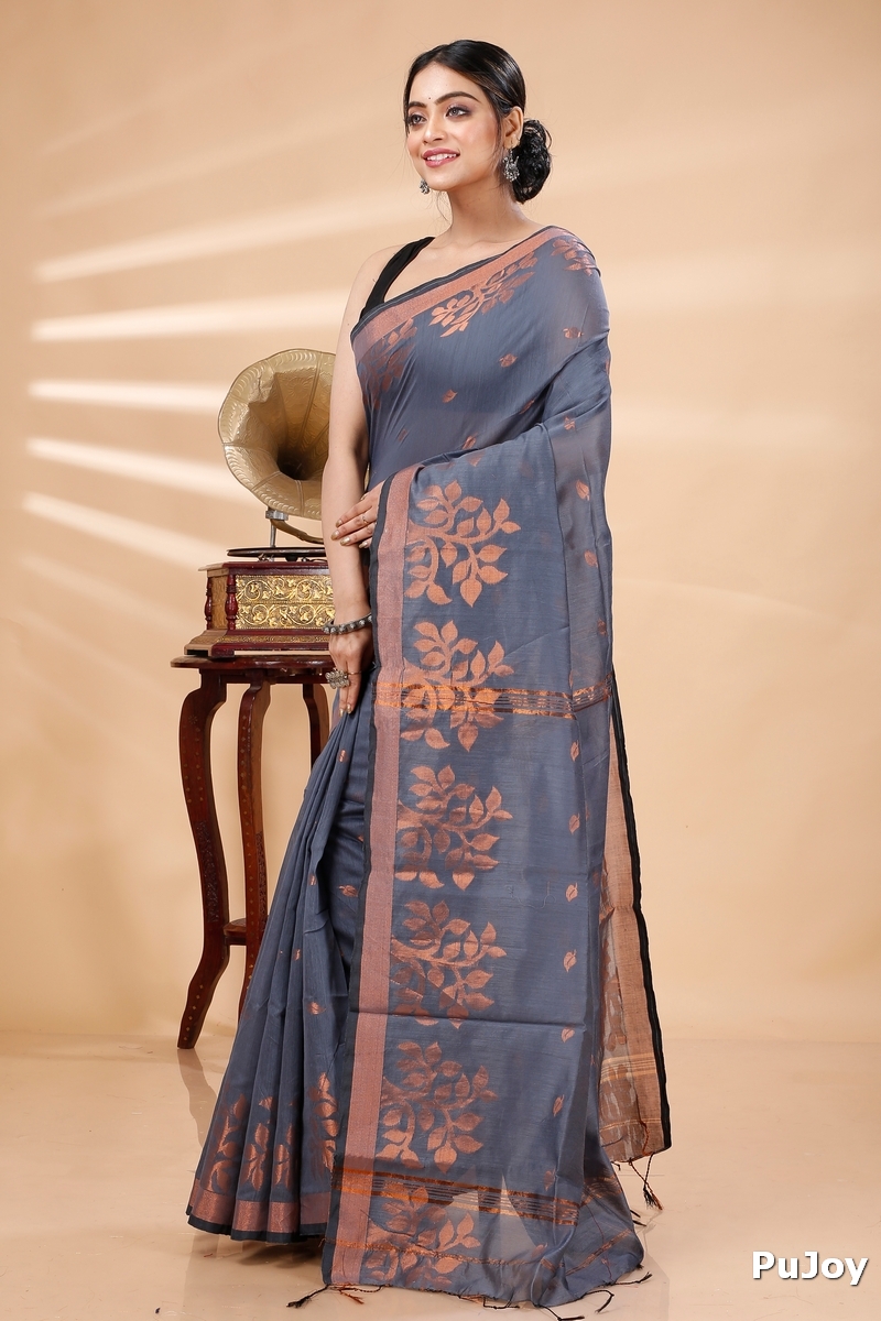 Grey Blended Cotton Tina Hand Loom Saree (1214)