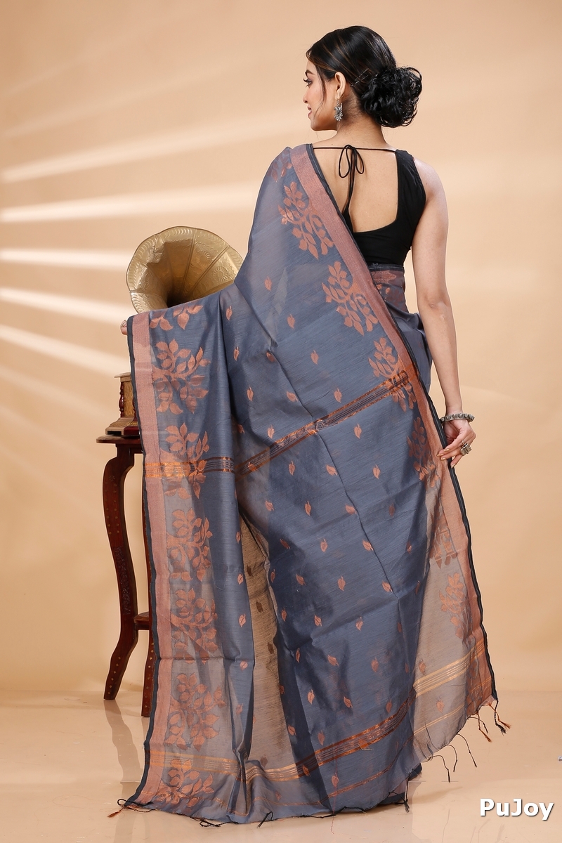 Grey Blended Cotton Tina Hand Loom Saree (1214)