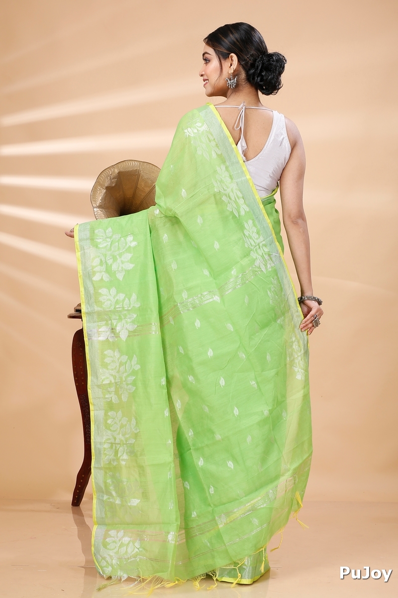Green Blended Cotton Tina Hand Loom Saree (1215)