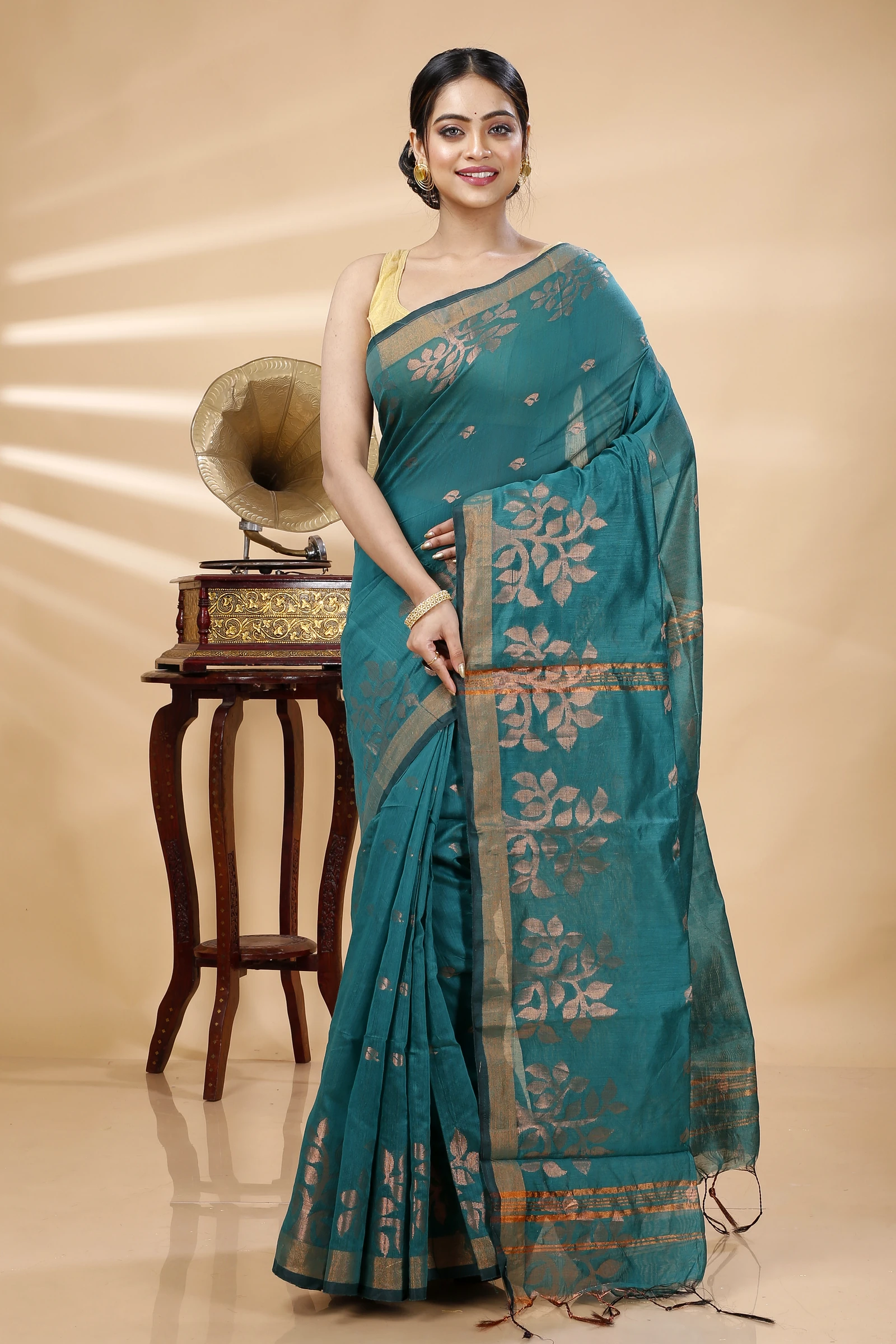 Botel Green Blended Cotton Tina Hand Loom Saree (1216)