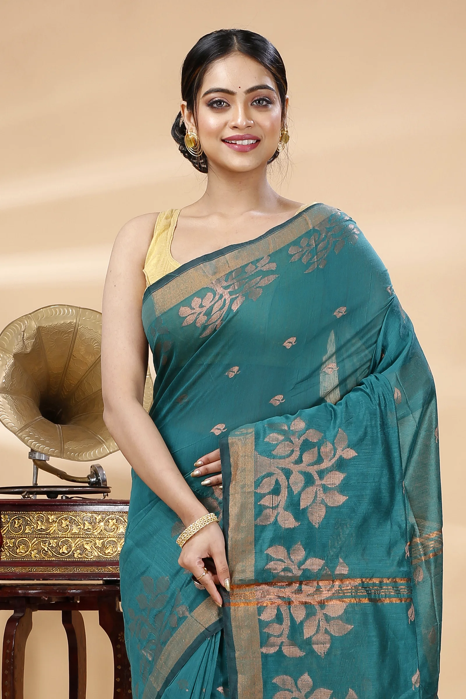 Botel Green Blended Cotton Tina Hand Loom Saree (1216)