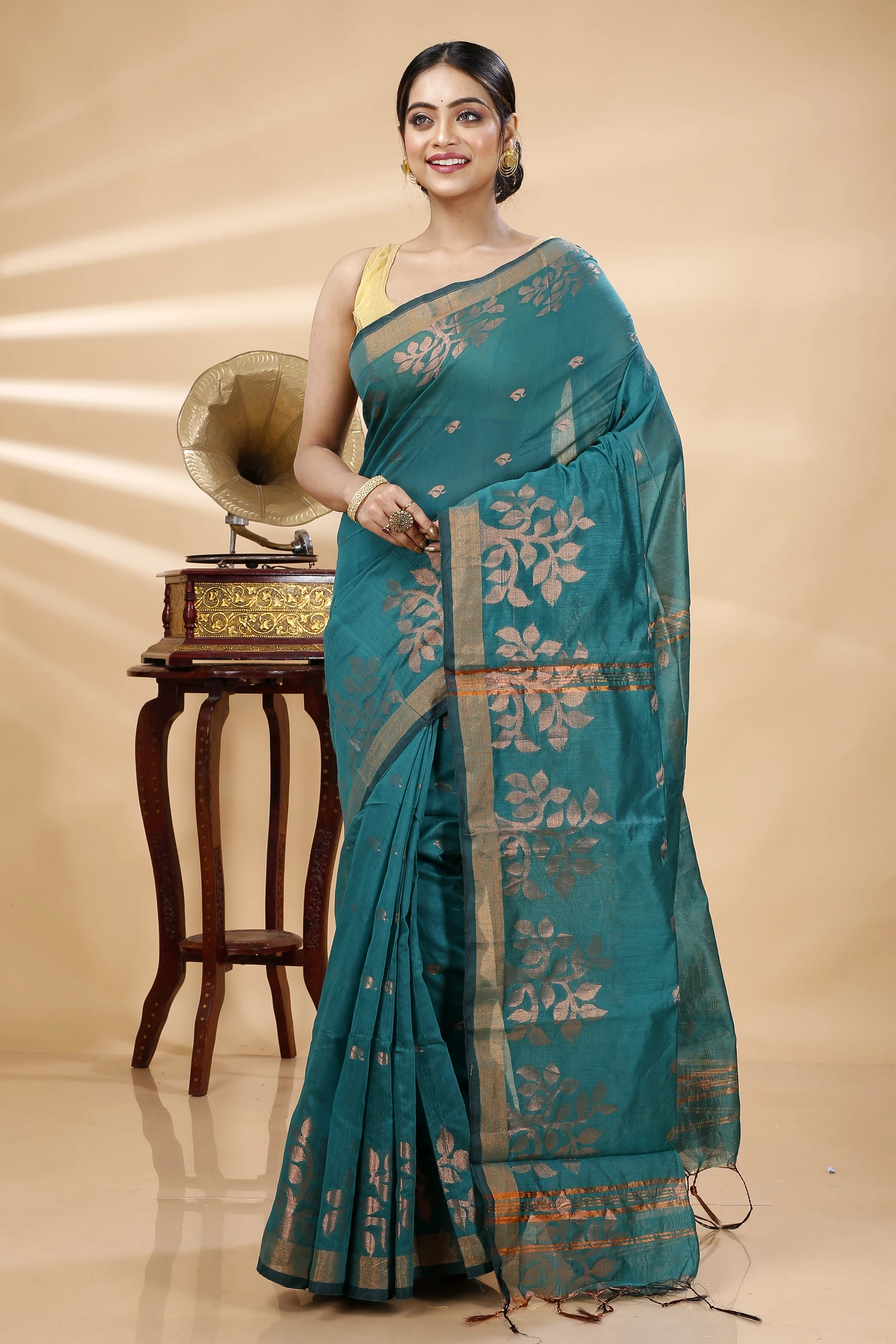 Botel Green Blended Cotton Tina Hand Loom Saree (1216)