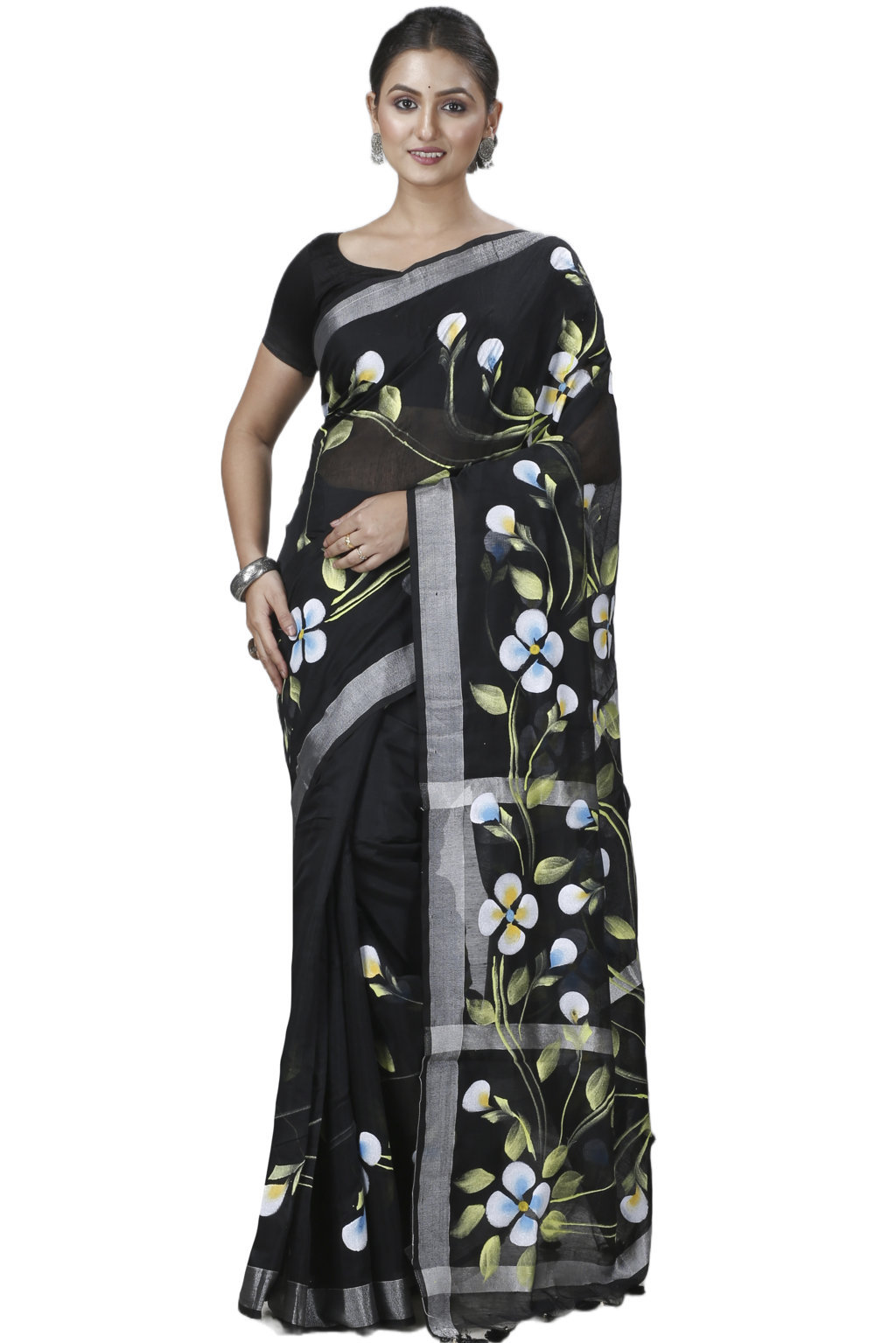 Black Blended Cotton Tonika Hand Painted Saree (1217)