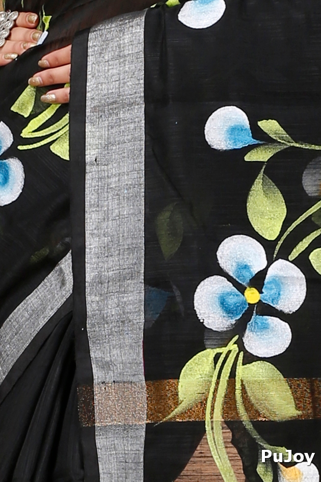 Black Blended Cotton Tonika Hand Painted Saree (1217)