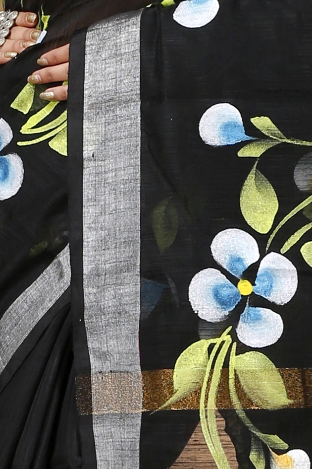 Black Blended Cotton Tonika Hand Painted Saree (1217)