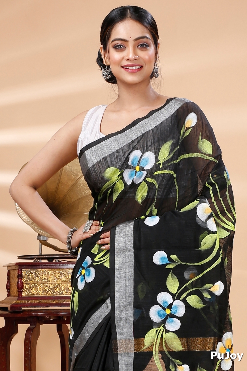 Black Blended Cotton Tonika Hand Painted Saree (1217)