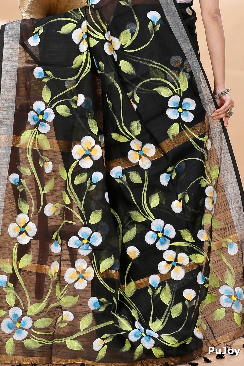 Black Blended Cotton Tonika Hand Painted Saree (1217)