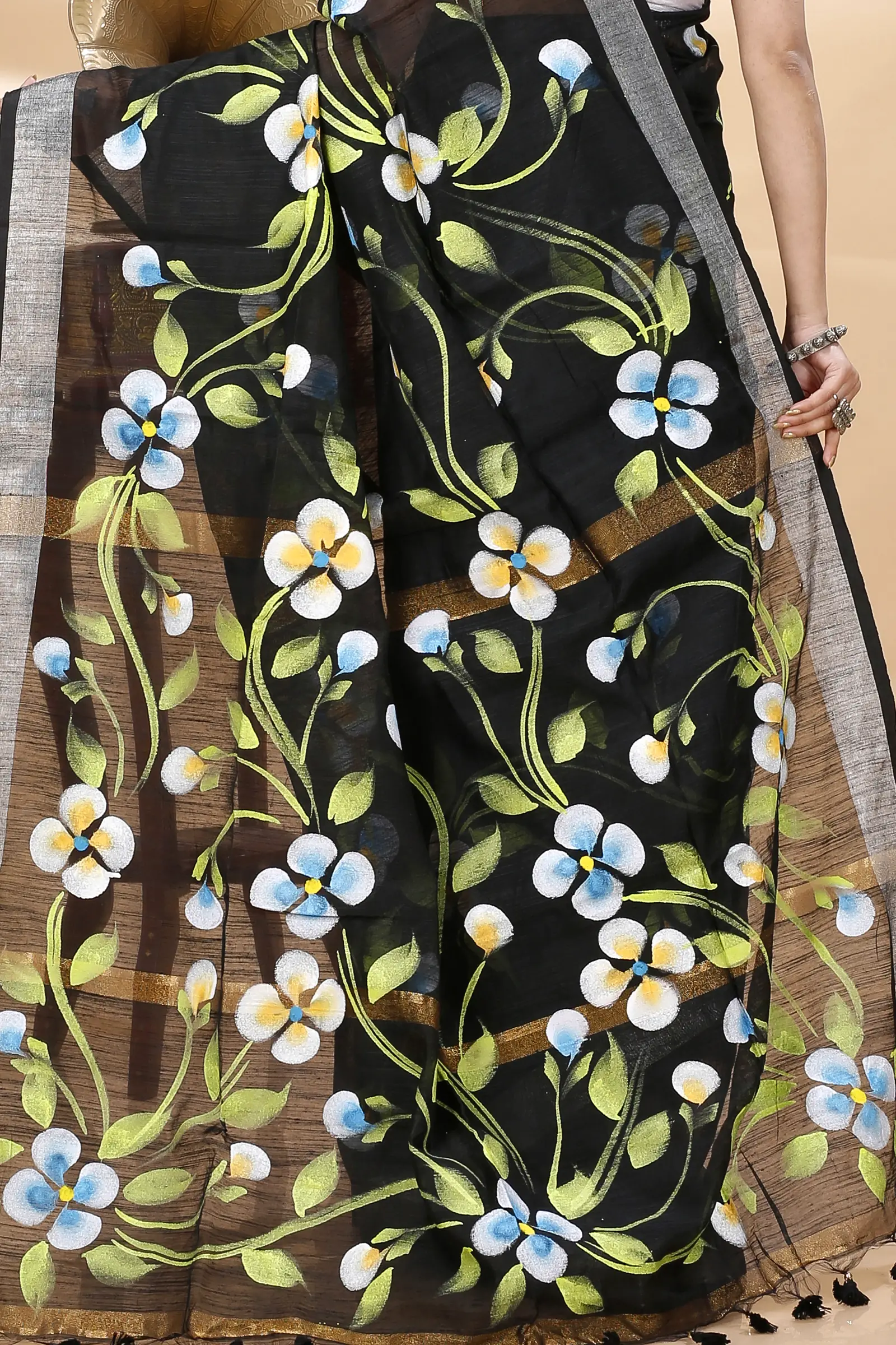 Black Blended Cotton Tonika Hand Painted Saree (1217)