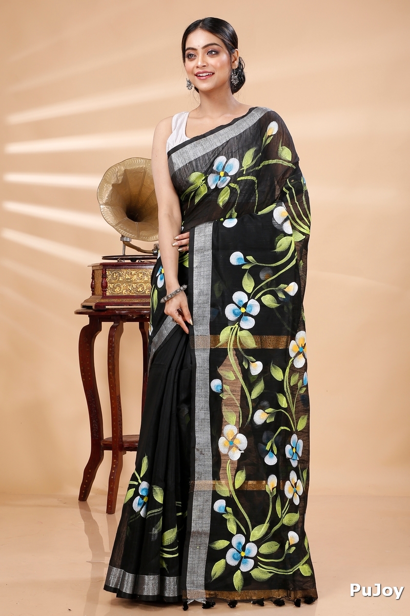 Black Blended Cotton Tonika Hand Painted Saree (1217)