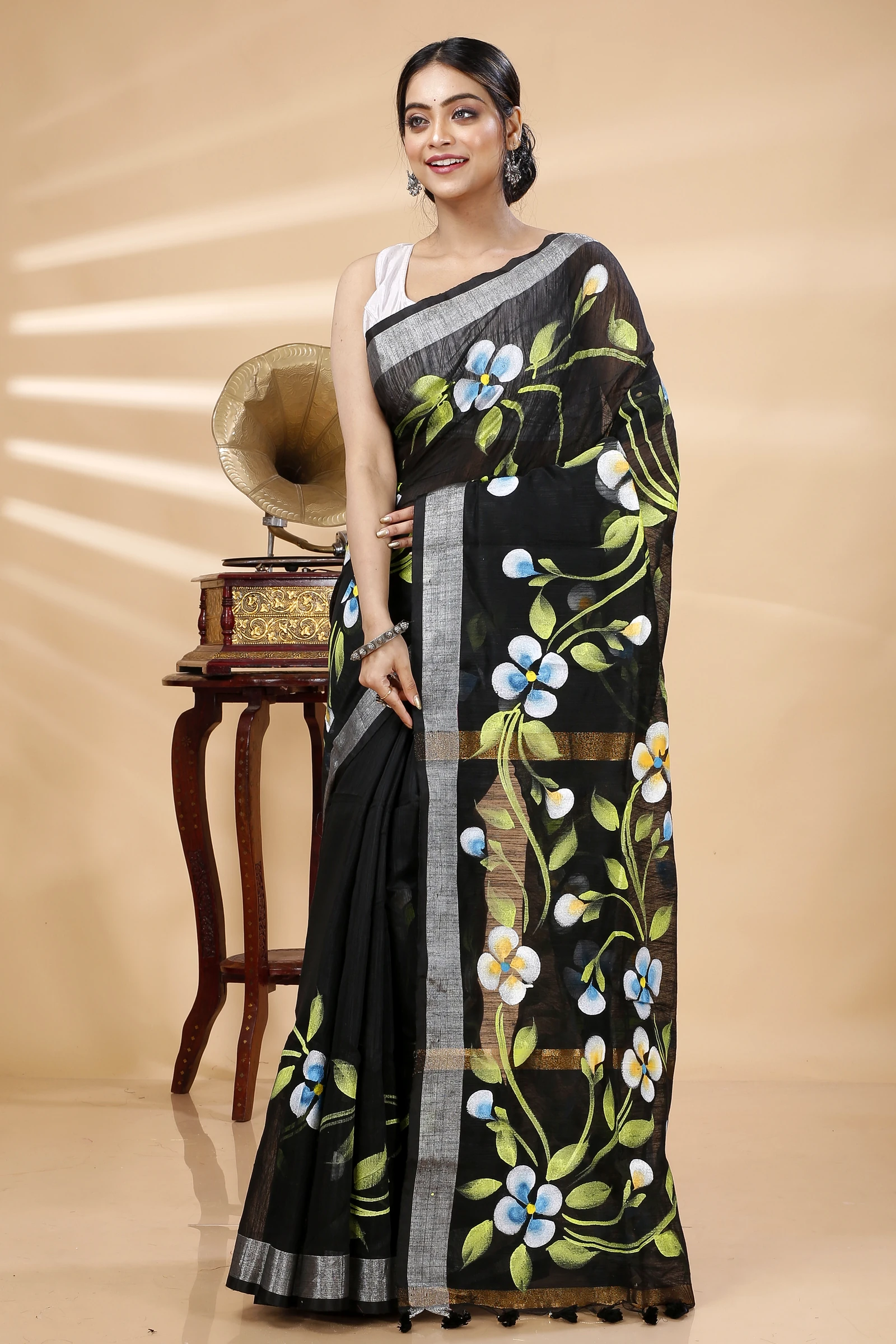 Black Blended Cotton Tonika Hand Painted Saree (1217)