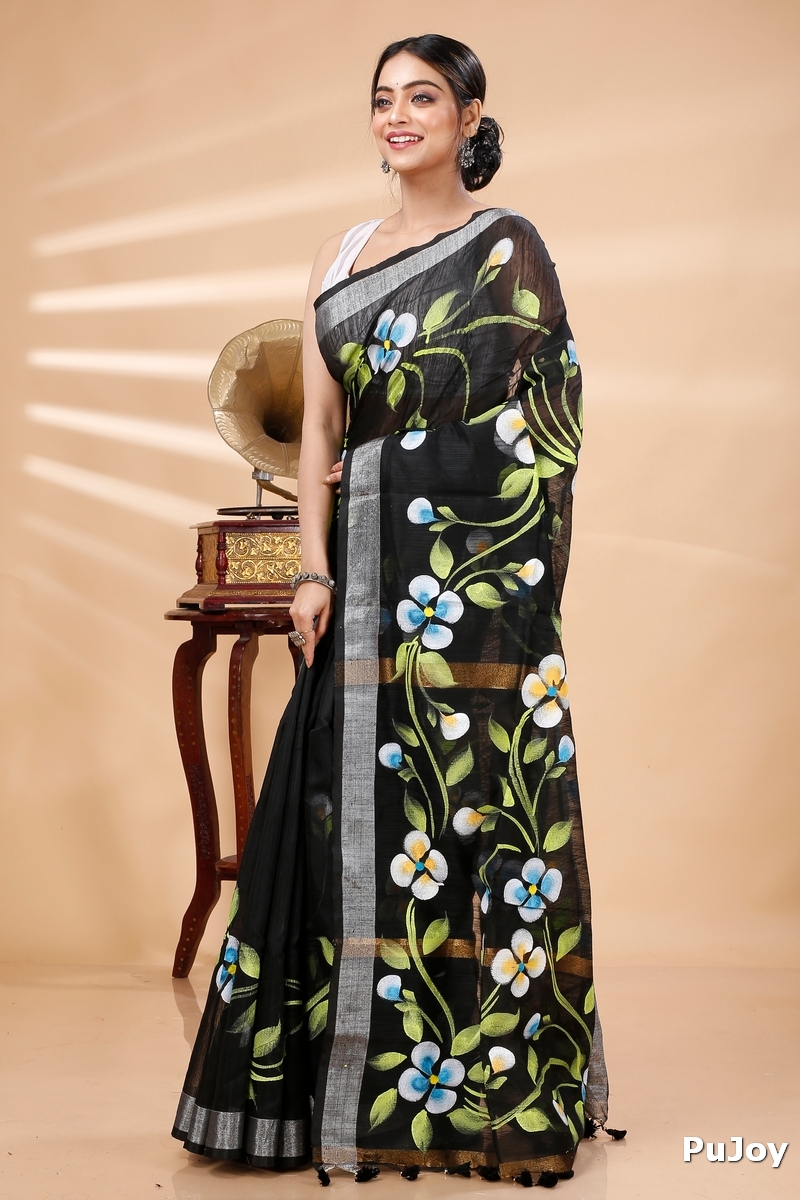 Black Blended Cotton Tonika Hand Painted Saree (1217)