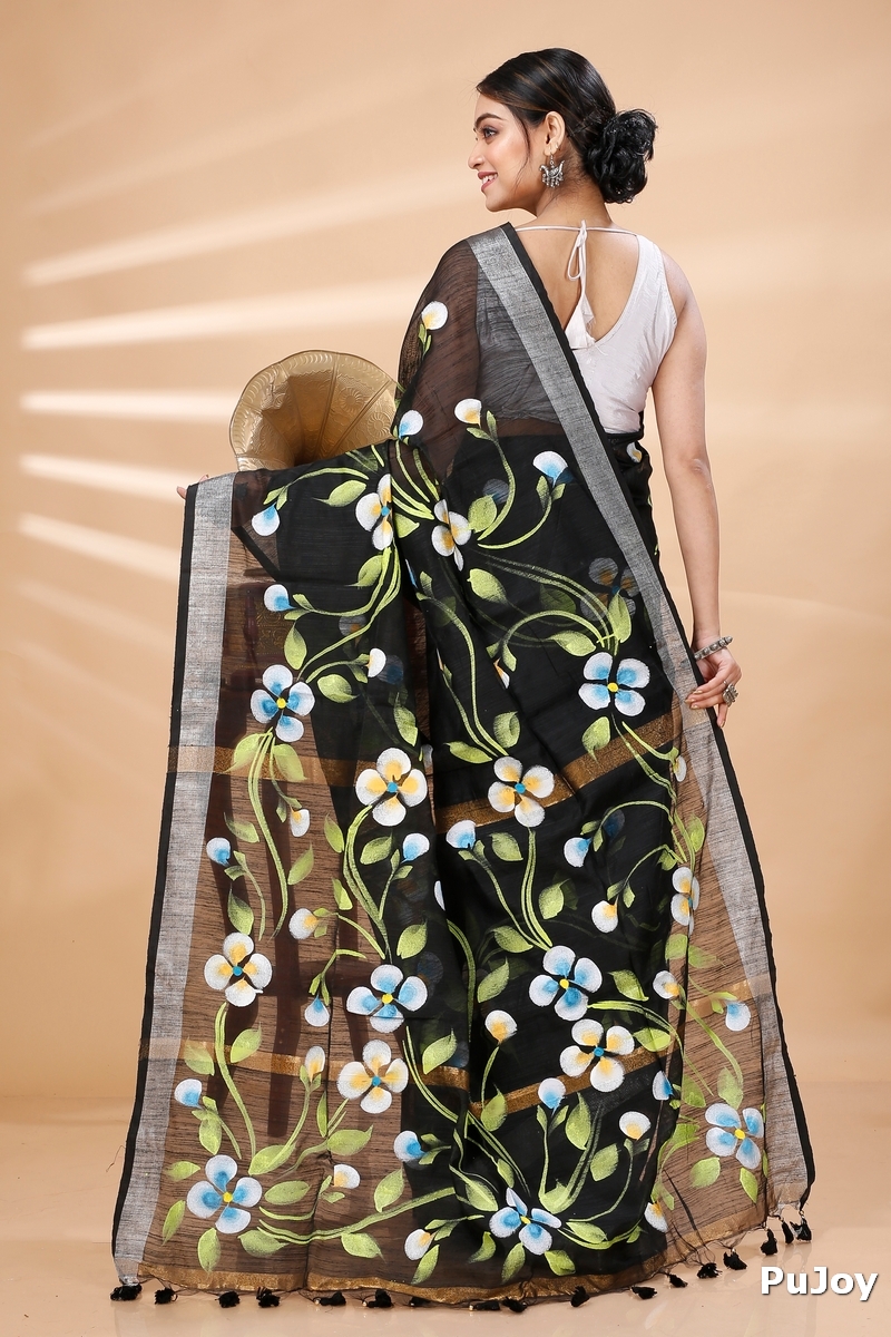 Black Blended Cotton Tonika Hand Painted Saree (1217)