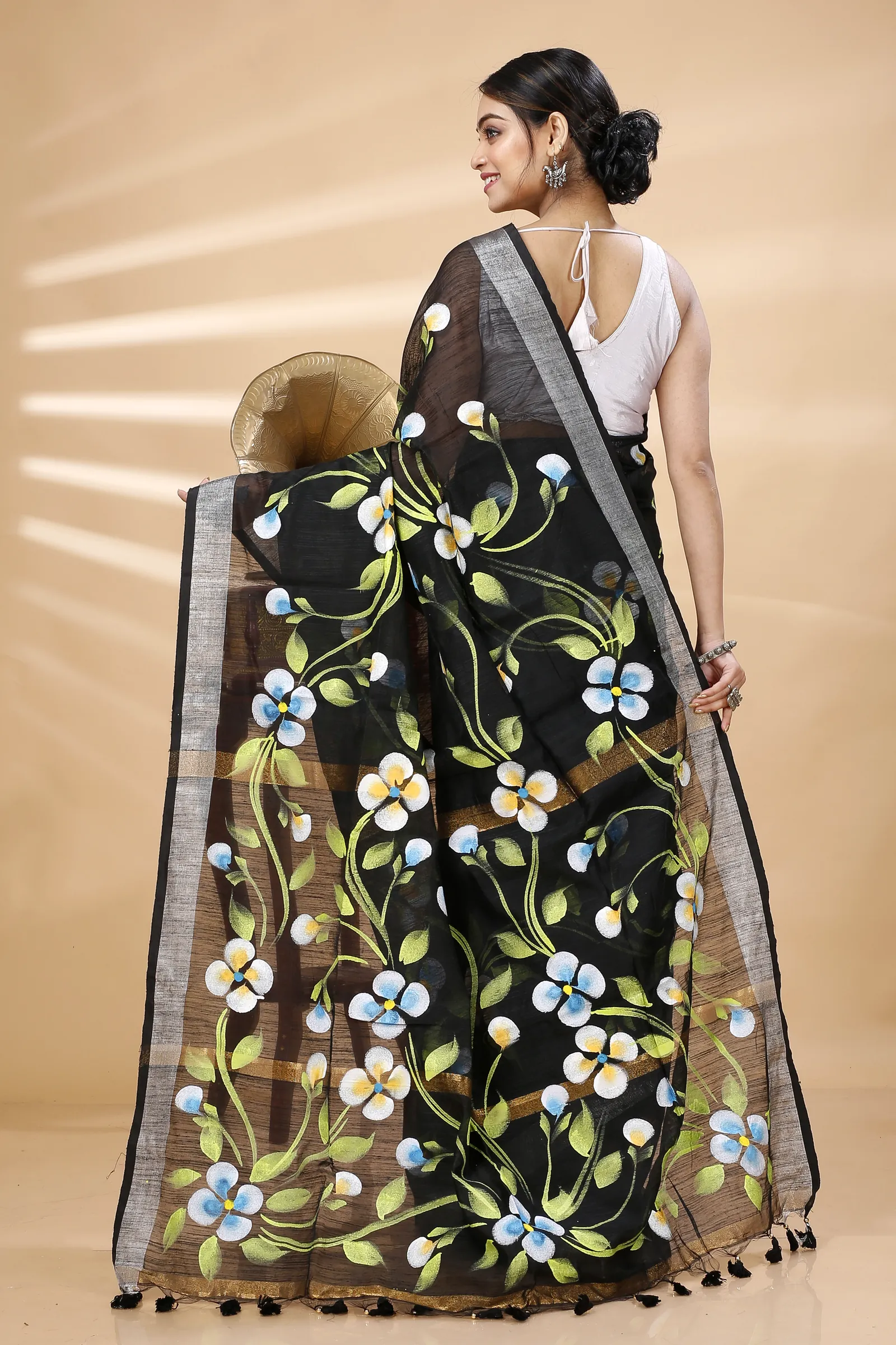 Black Blended Cotton Tonika Hand Painted Saree (1217)