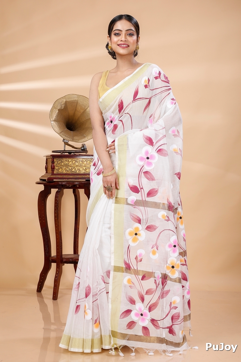 Cream Blended Cotton Tonika Hand Painted Saree (1218)