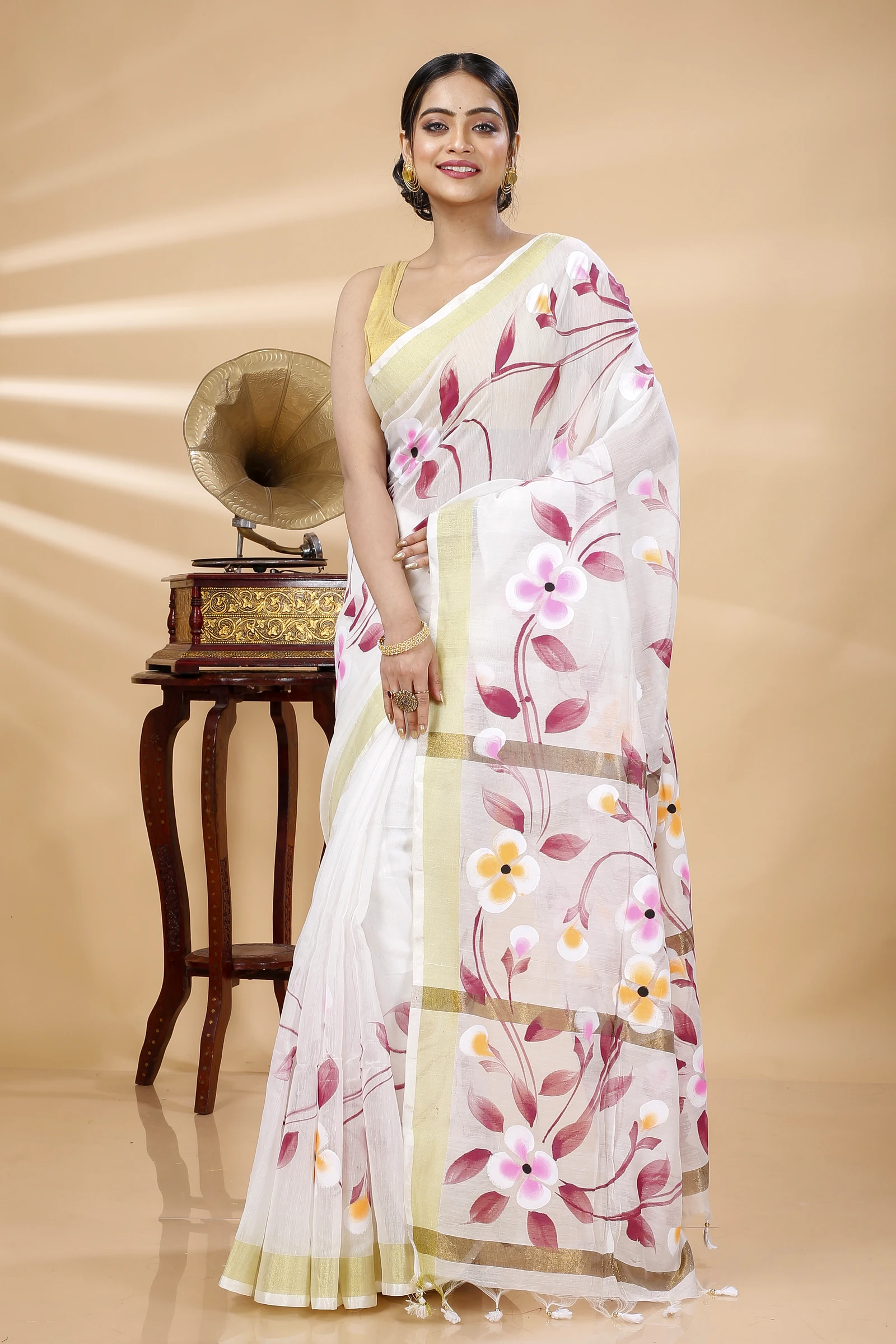 Cream Blended Cotton Tonika Hand Painted Saree (1218)