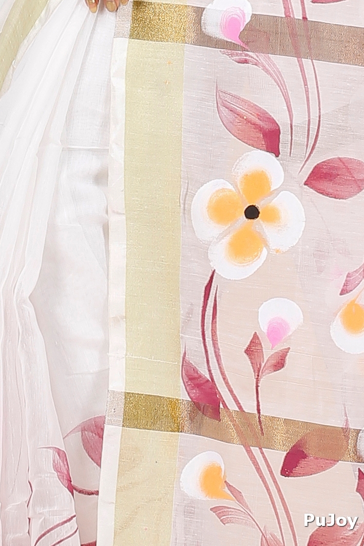 Cream Blended Cotton Tonika Hand Painted Saree (1218)