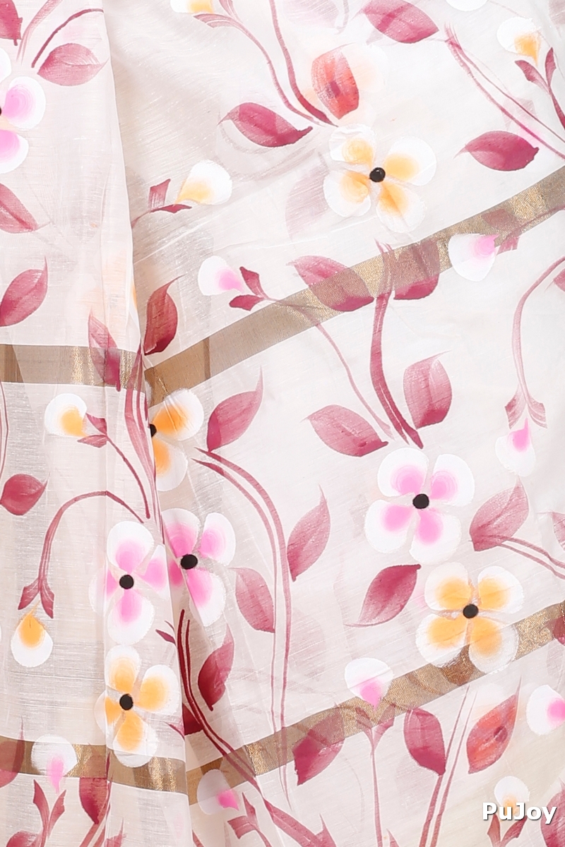Cream Blended Cotton Tonika Hand Painted Saree (1218)