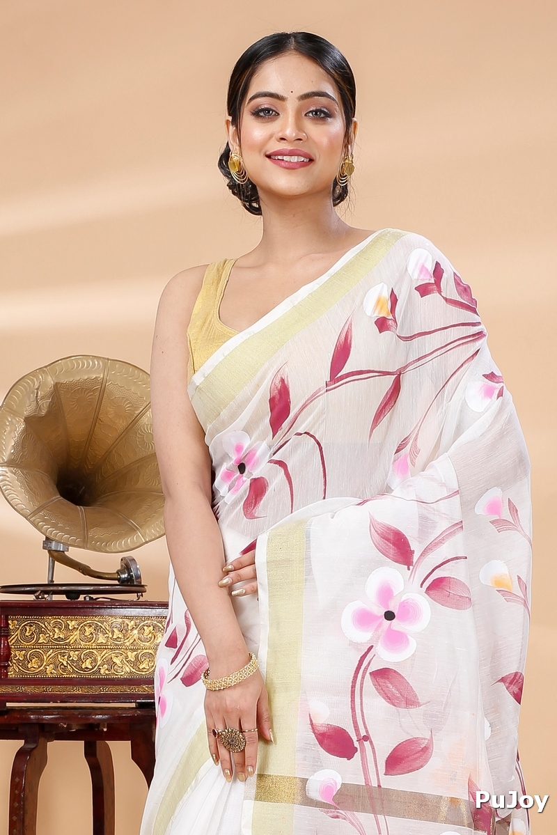 Cream Blended Cotton Tonika Hand Painted Saree (1218)