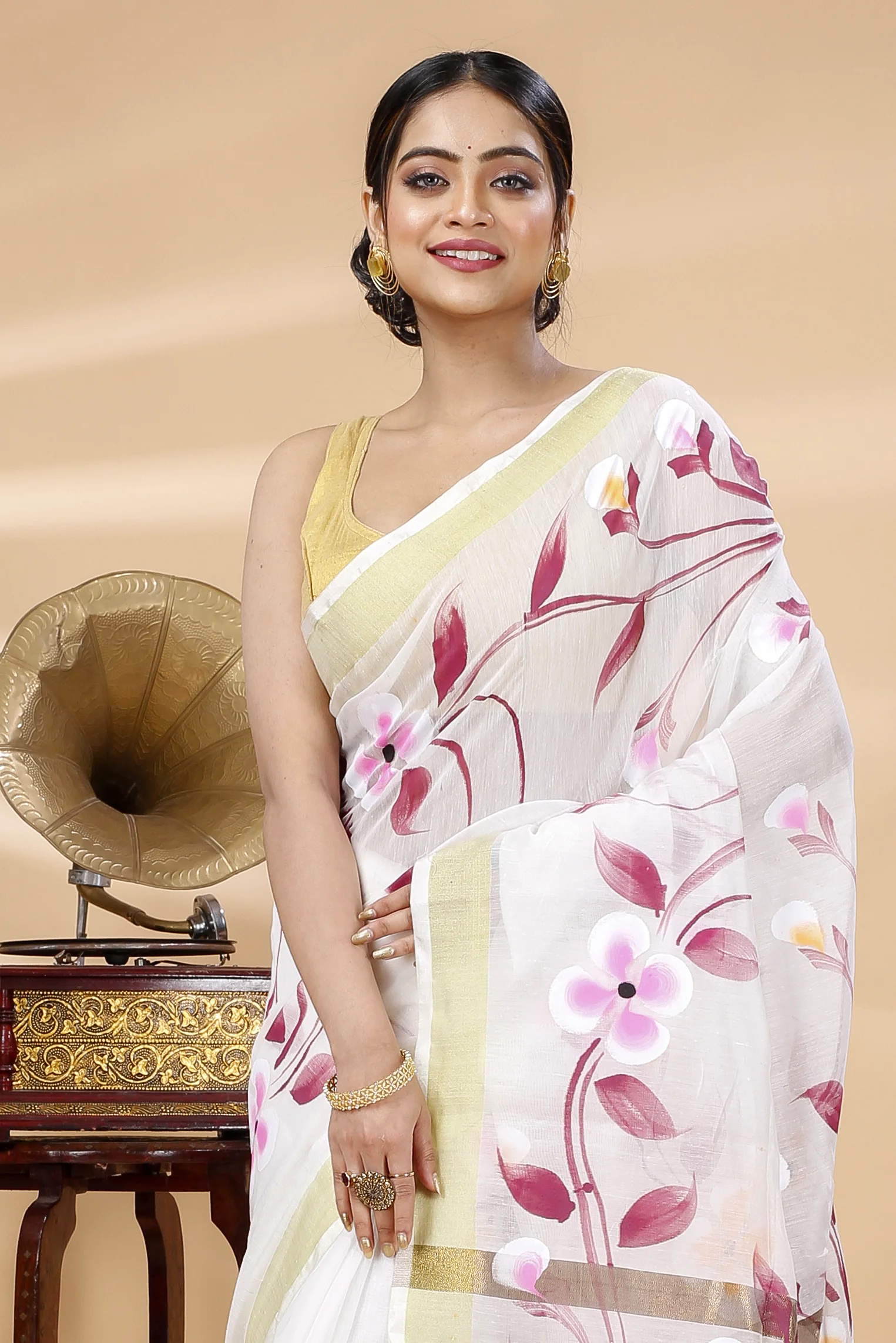 Cream Blended Cotton Tonika Hand Painted Saree (1218)