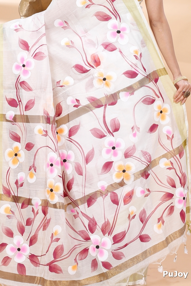 Cream Blended Cotton Tonika Hand Painted Saree (1218)
