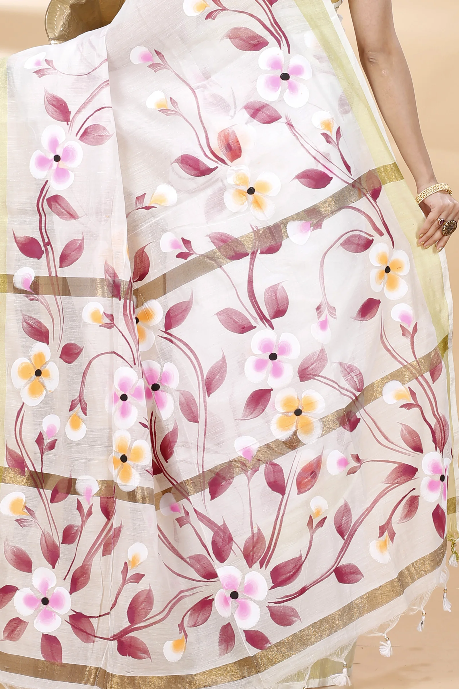 Cream Blended Cotton Tonika Hand Painted Saree (1218)