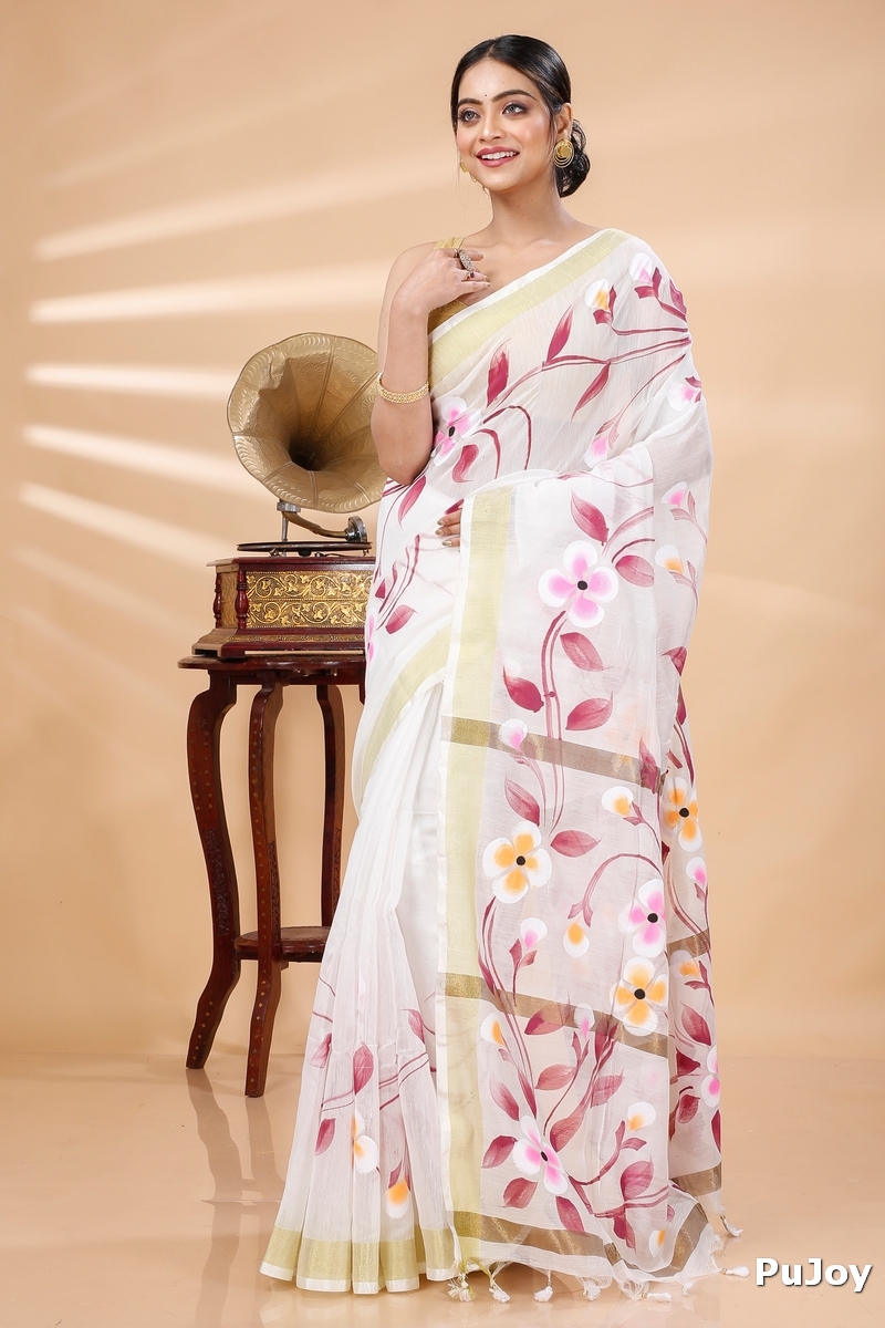 Cream Blended Cotton Tonika Hand Painted Saree (1218)