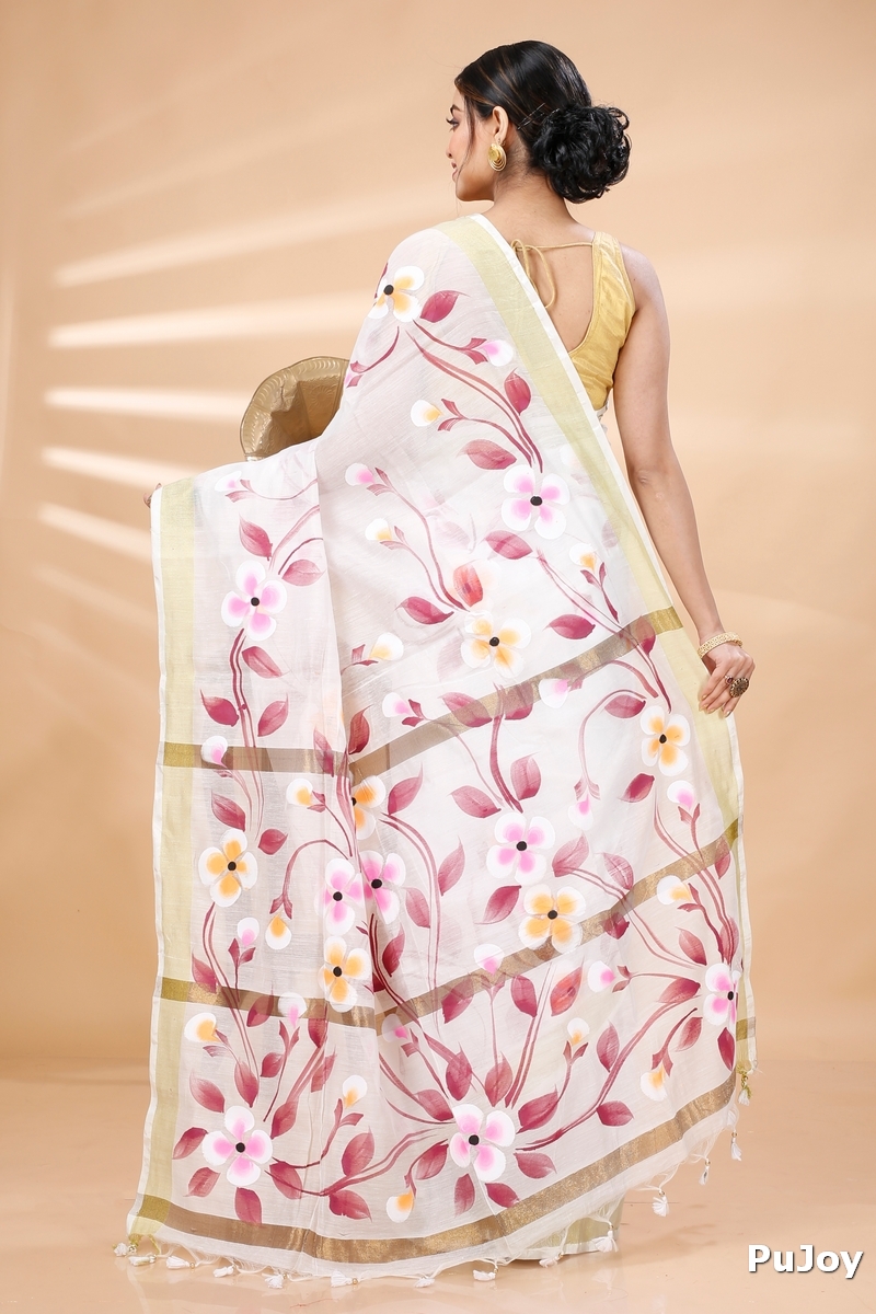Cream Blended Cotton Tonika Hand Painted Saree (1218)