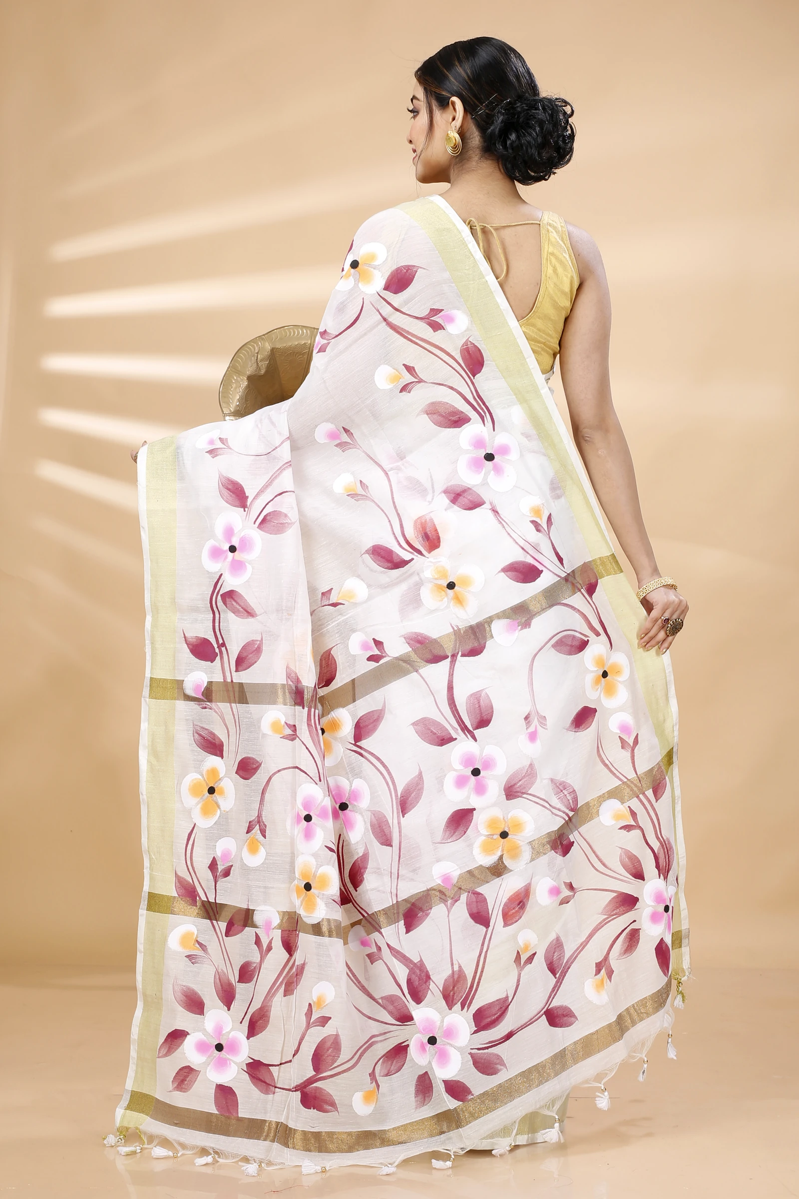 Cream Blended Cotton Tonika Hand Painted Saree (1218)
