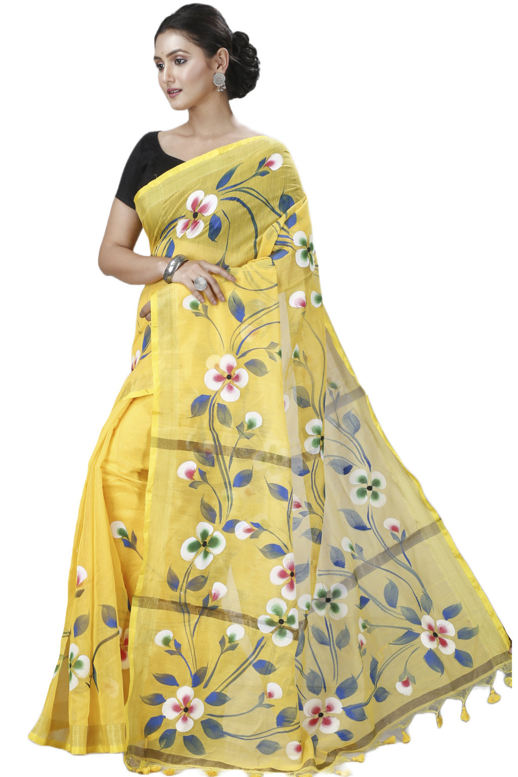 Yellow Blended Cotton Tonika Hand Painted Saree (1219)