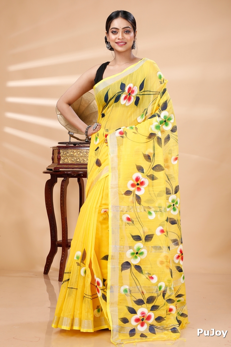 Yellow Blended Cotton Tonika Hand Painted Saree (1219)