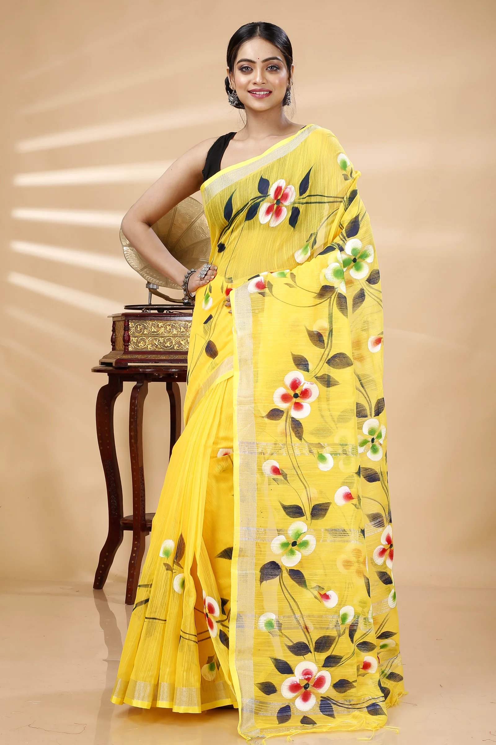 Yellow Blended Cotton Tonika Hand Painted Saree (1219)