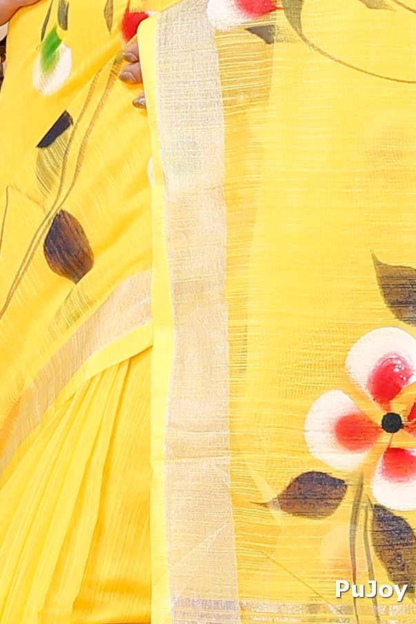 Yellow Blended Cotton Tonika Hand Painted Saree (1219)