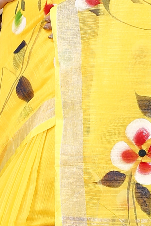 Yellow Blended Cotton Tonika Hand Painted Saree (1219)
