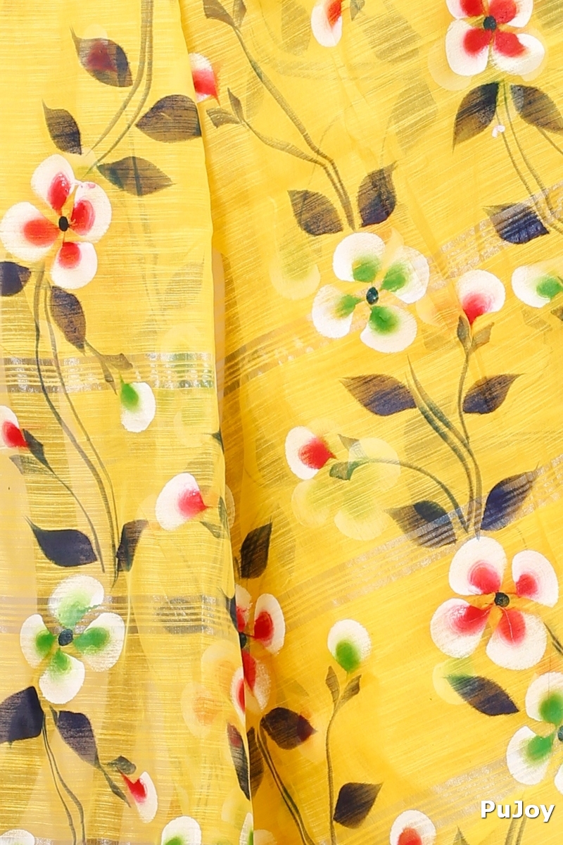 Yellow Blended Cotton Tonika Hand Painted Saree (1219)