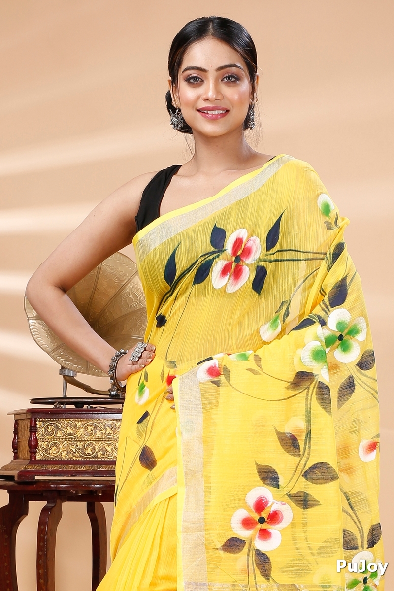 Yellow Blended Cotton Tonika Hand Painted Saree (1219)