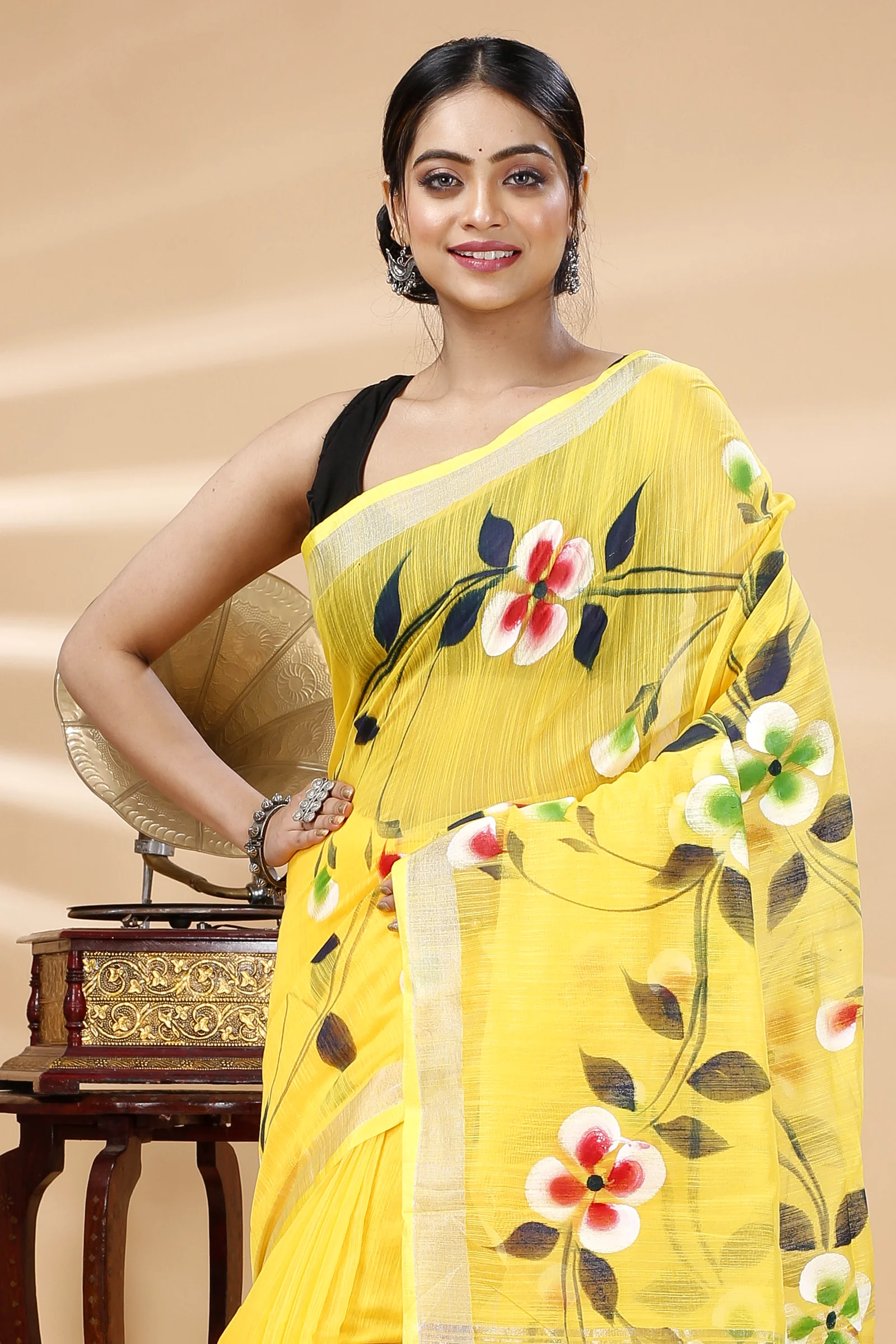 Yellow Blended Cotton Tonika Hand Painted Saree (1219)