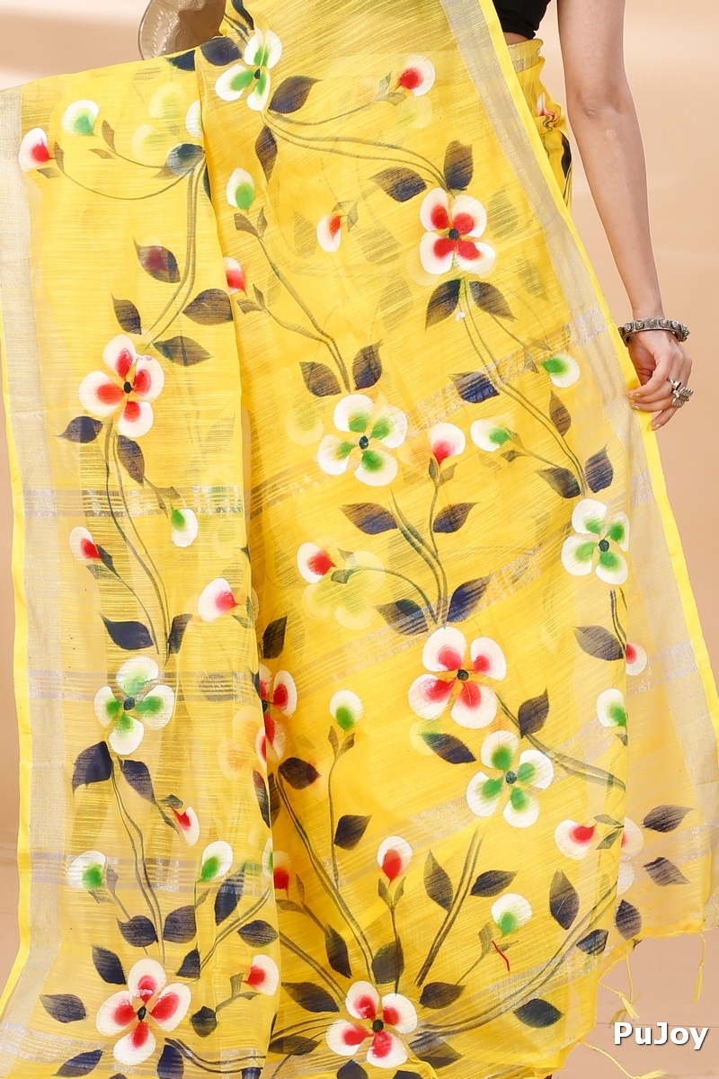 Yellow Blended Cotton Tonika Hand Painted Saree (1219)