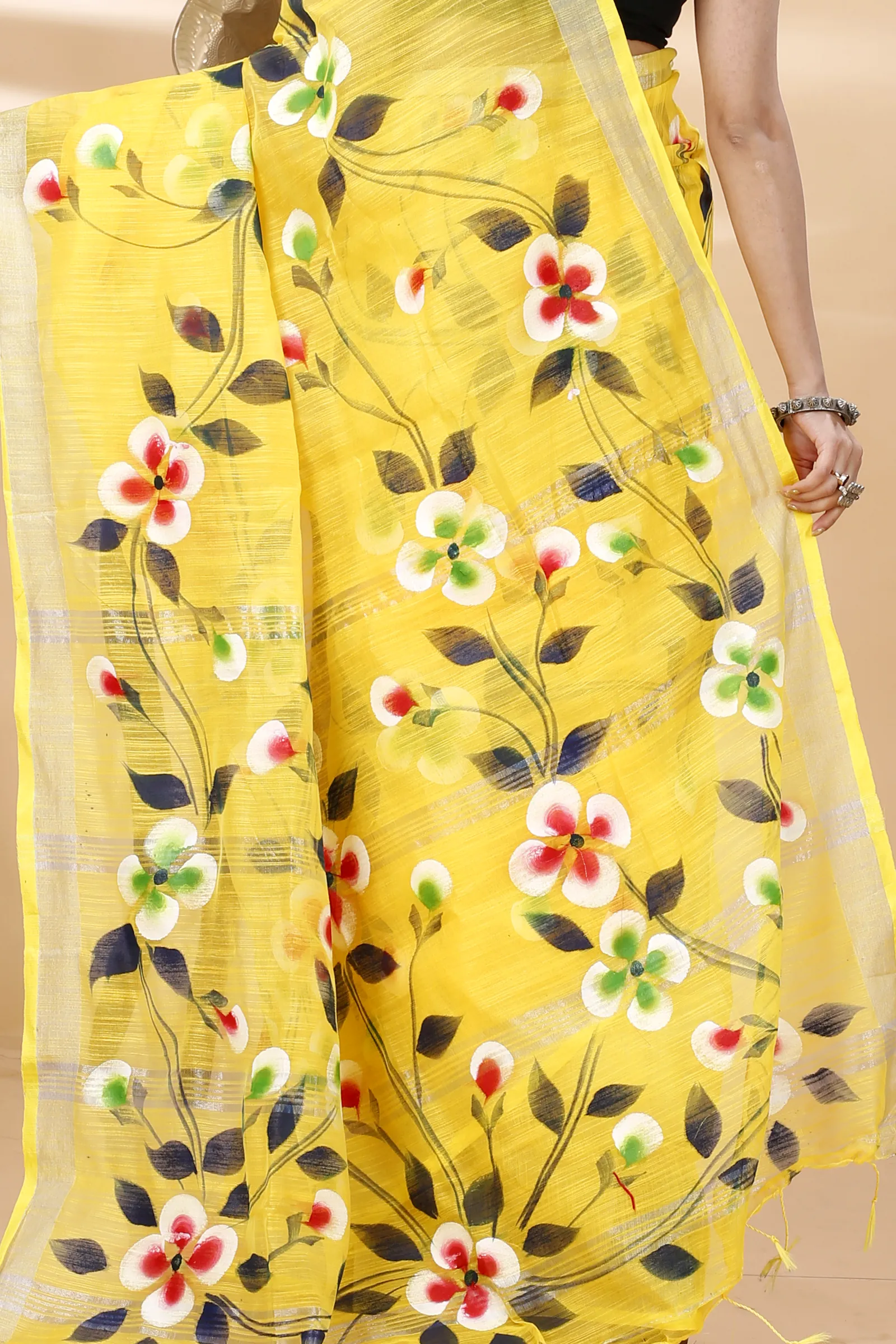 Yellow Blended Cotton Tonika Hand Painted Saree (1219)