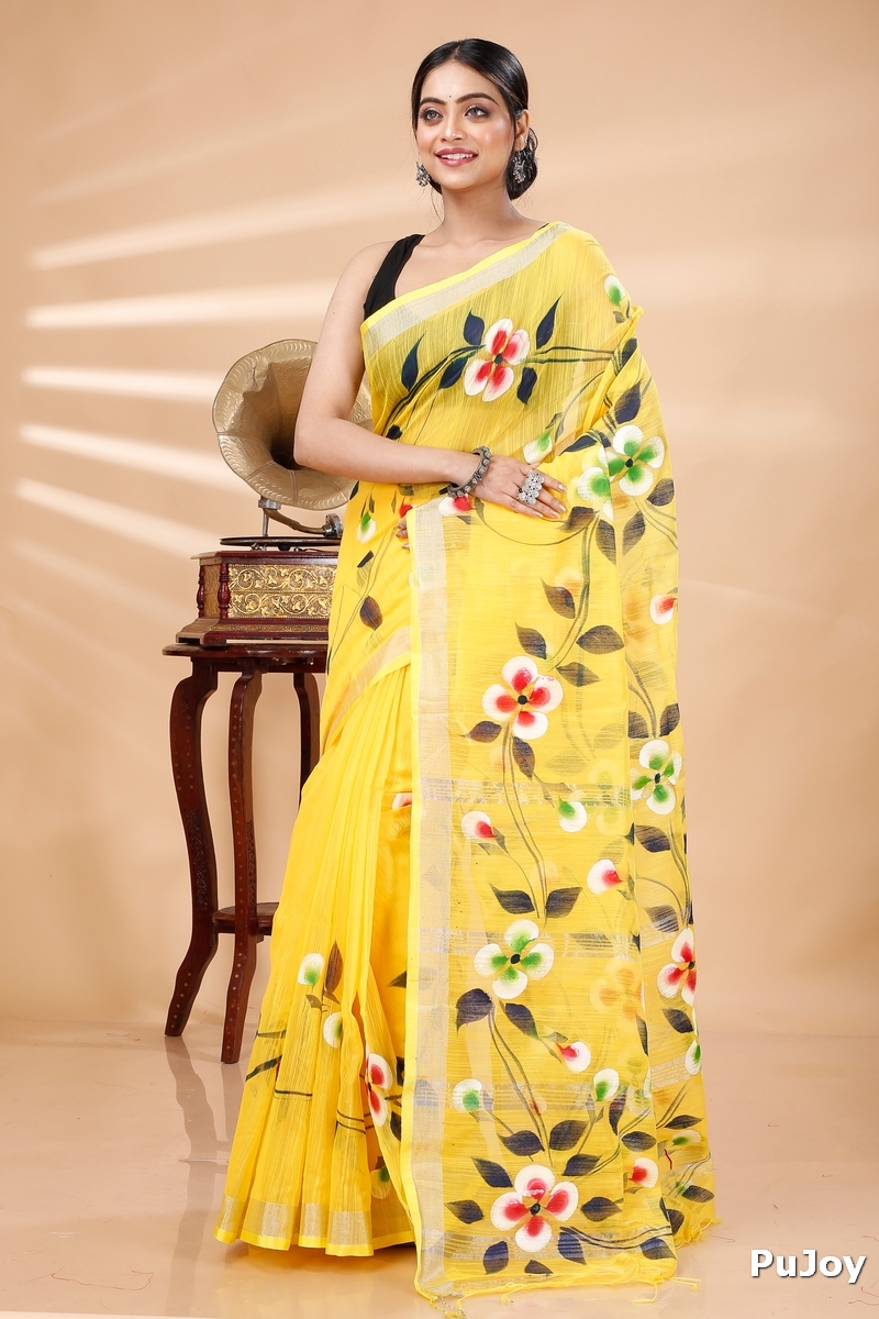 Yellow Blended Cotton Tonika Hand Painted Saree (1219)