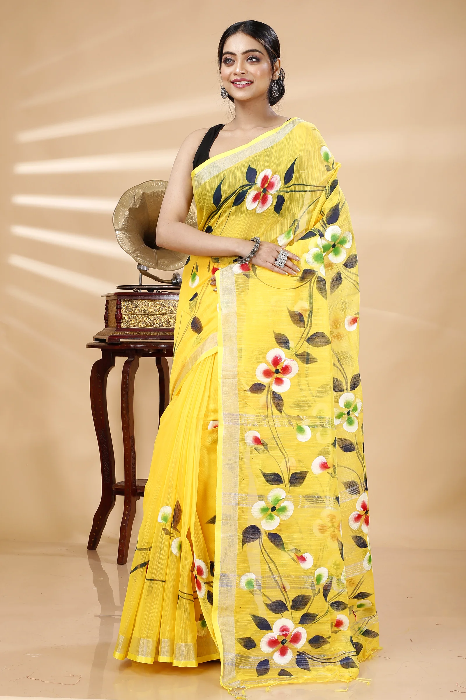 Yellow Blended Cotton Tonika Hand Painted Saree (1219)