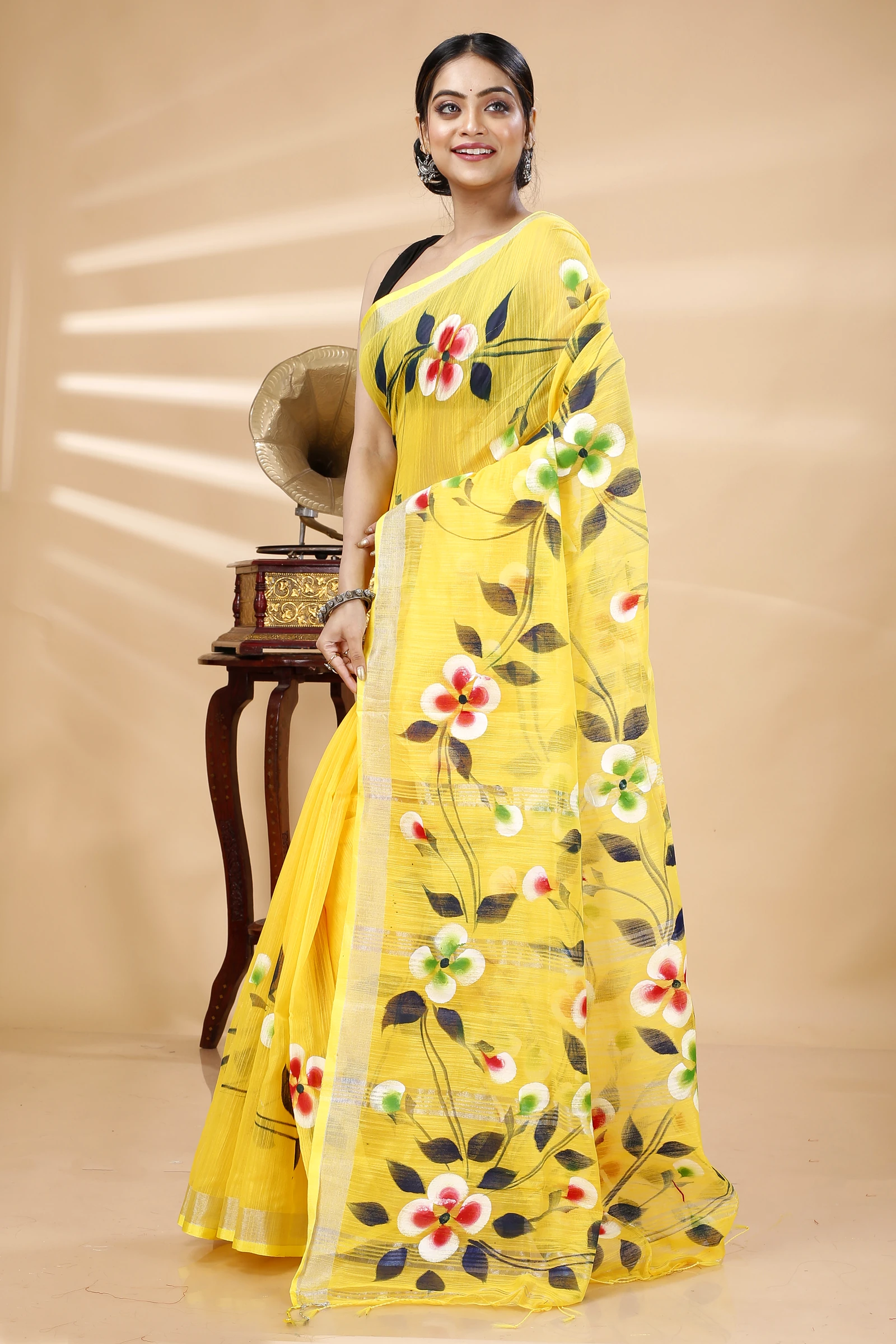 Yellow Blended Cotton Tonika Hand Painted Saree (1219)