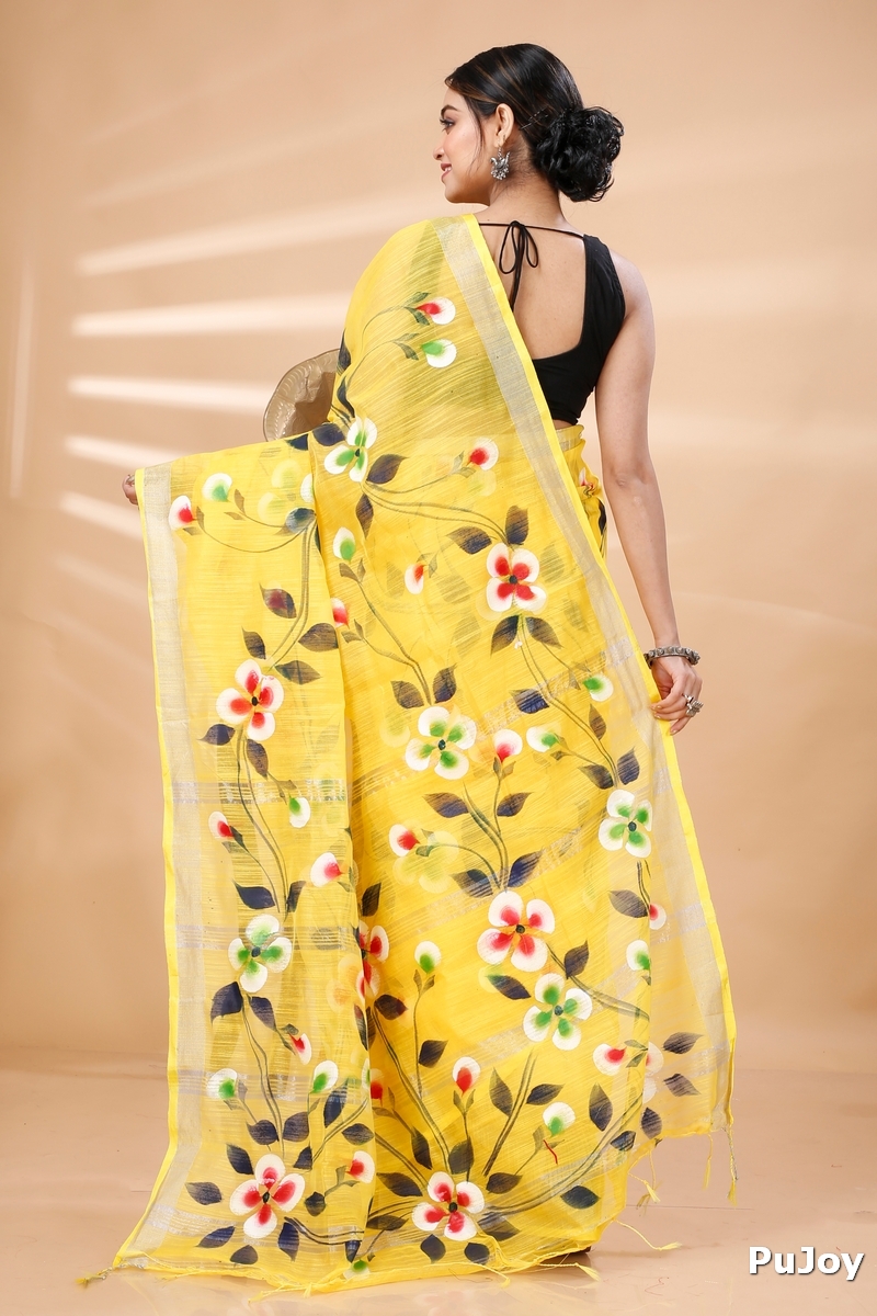 Yellow Blended Cotton Tonika Hand Painted Saree (1219)