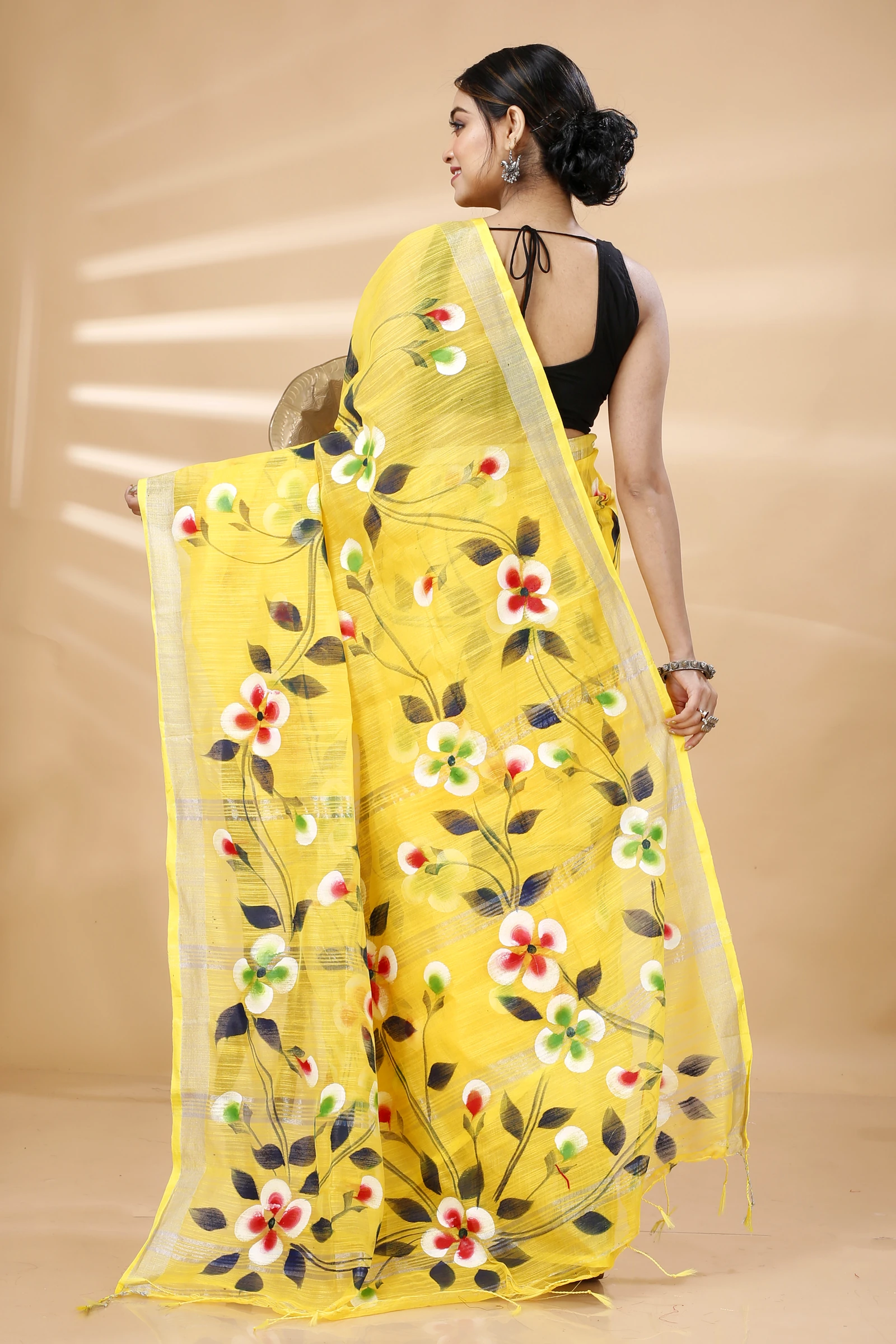 Yellow Blended Cotton Tonika Hand Painted Saree (1219)