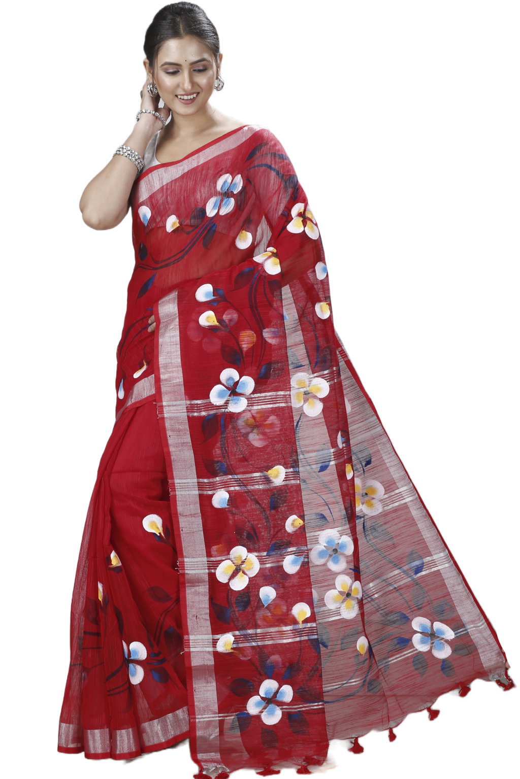 Red Blended Cotton Tonika Hand Painted Saree (1220)