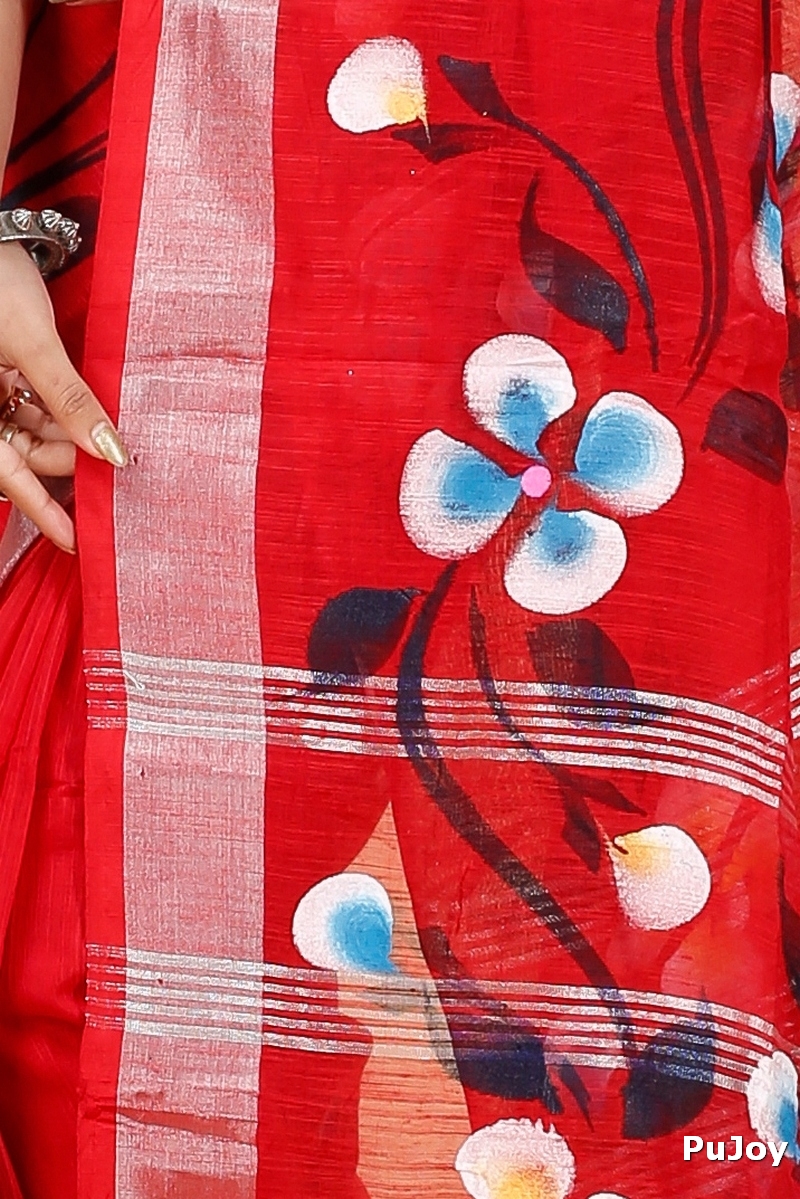 Red Blended Cotton Tonika Hand Painted Saree (1220)