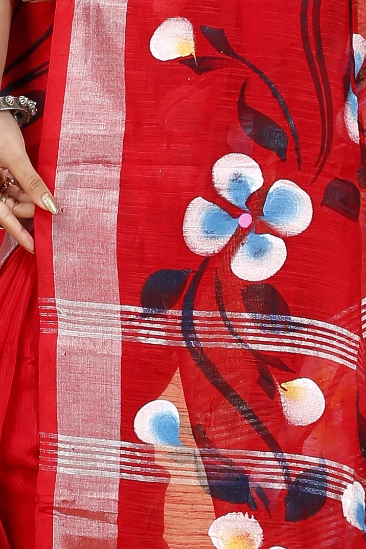 Red Blended Cotton Tonika Hand Painted Saree (1220)