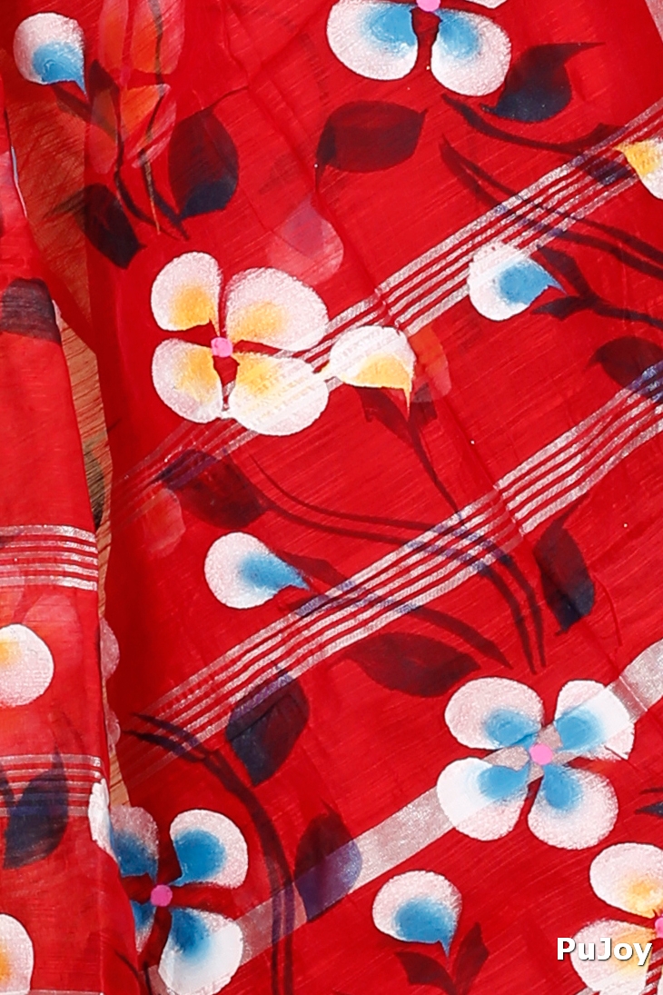 Red Blended Cotton Tonika Hand Painted Saree (1220)