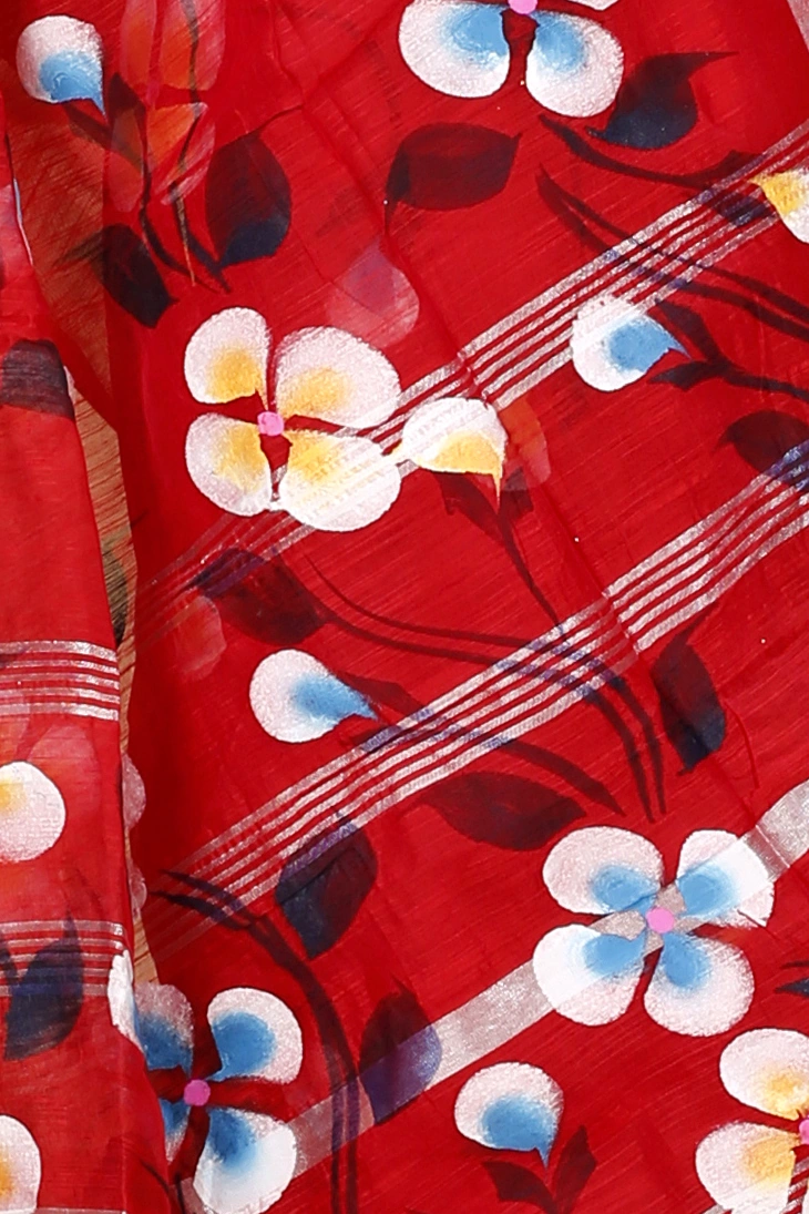 Red Blended Cotton Tonika Hand Painted Saree (1220)